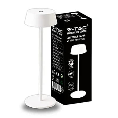 Immagine di V TAC Lampada da Tavolo senza Fili LED Dimmerabile con Comandi Touch Bianca Wireless per Uso Interno IP54 Casa o Ristorante Batteria 4400 mAh Luce 3000K Calda 2W