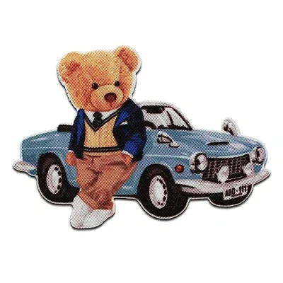 Immagine di Mono Quick Orso con auto animale Toppe Termoadesive Patch Toppa Ricamate, Misura: 6 x 8,5 cm