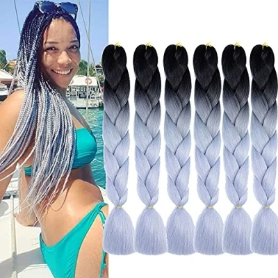 Immagine di capelli intrecciati Ombre Kanekalon sintetici 6 pezzi/lotto Trecce Estensioni dei per intrecciate jumbo all&#039;uncinetto (nero e grigio argento)