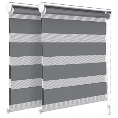 Immagine di VOUNOT Set di 2 Tenda a Rullo Doppia Strato Oscurante Giorno e Notte, Catenella Laterale, Bande Trasparenti Opache, Interno Zebra Blinds Grigio, 90 x 150 cm