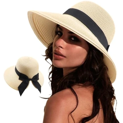 Immagine di DRESHOW Cappelli da Sole per Donna Fedora Viaggio Pieghevole Spiaggia Cappello Sstivo a Tesa Larga in Paglia con Fiocco UPF 50+