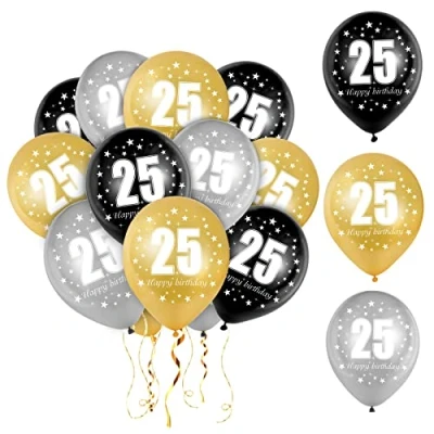 Immagine di 25 Palloncini Compleanno,25 Numeri Compleanno, Palloni Anni, Palloncino in Lattice Nero, Argento e Oro