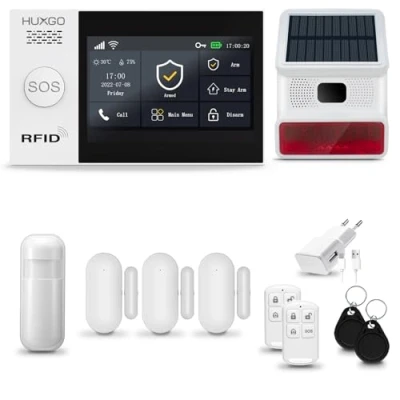 Immagine di HUXGO® HXA007 allarme casa senza fili WiFi + GSM 4G LTE con wireless Sirena Kit 1x rilevatore di movimento, 3x sensori per porte e finestre, telecomando TUYA Smartlife App