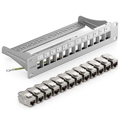 Immagine di deleyCON 12 Porto CAT7 Pannello Patch SET Campo Delle di Distribuzione Modulare 1 IU 10&quot; Pollici Montaggio Rack + 12x CAT 7 Keystone Moduli RJ45 10 Gbit/s 600 MHz Cavi Posa Grigio