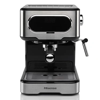 Immagine di Hisense, HESCM15DBK, Macchina da caffè espresso manuale, macinato e compatibile con cialde ESE 44 mm, Pressione 15 bar, Schermo Touch, 1100W, Silver, 27.4x30x27.2 cm