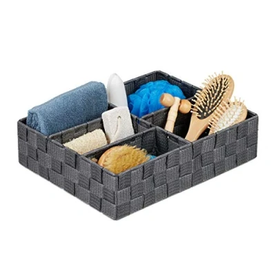 Immagine di relaxdays Contenitore Bagno Portaoggetti, 5 Scomparti, Cestino Rettangolare, Organizer Intrecciato, Plastica, Grigio, PP, Metallo, 1 pz