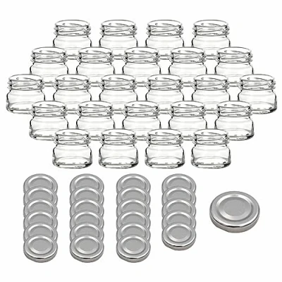 Immagine di gouveo Set di 24 Barattoli per conserve 30 ml Mini con coperchio a vite Argento tappo TO43 rotondi conserve, marmellate, spezie (EGR030S)
