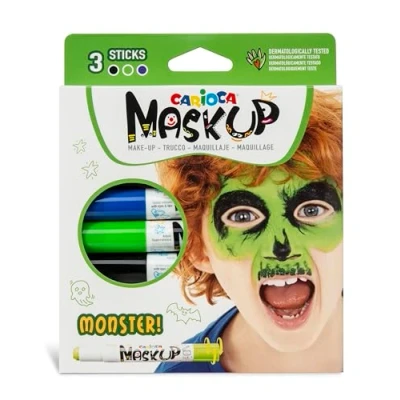 Immagine di Carioca Mask Up Monster, Truccabimbi Kit per Bambini e Bambine, Trucchi la Pelle in Stick Ideali Natale, Halloween, Carnevale Feste 3 Colori 2 Tutorial Dermatologicamente Testati