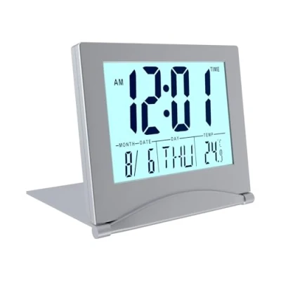 Immagine di MMOBIEL Orologio Digitale LCD da Viaggio Pieghevole con Retroilluminazione Sveglia Comodino Indicazione di Giorno, Data e Temperatura Tavolo a Batteria Argento