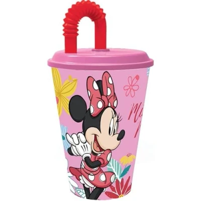 Immagine di Disney Bicchiere rosa e rosso per bambine in plastica Minnie 430 ml con cannuccia coperchio flessibile