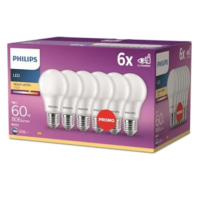 Immagine di Philips LED Classic E27 confezione da 6 lampade (60 W), opache con luce bianca calda, a risparmio energetico lunga durata, di nuova generazione