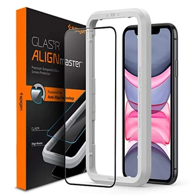 Immagine di Spigen, Vetro Temperato iPhone 11 / XR, 6.1 Pollici, Align Master, Copertura Totale, Installazione Semplice con Cornice di Allineamento, Durezza 9H, Compatibile Cover, Anti Graffio