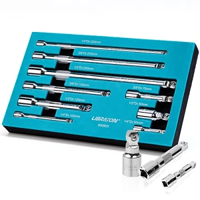 Immagine di Libraton Set di Prolunga per Ribaltamento, Prolunghe Cricchetto 1/4&quot;, 3/8&quot; e 1/2&quot;, 9 Barre Oscillazione in Acciaio al Cromo Vanadio con Vassoio EVA Cromato