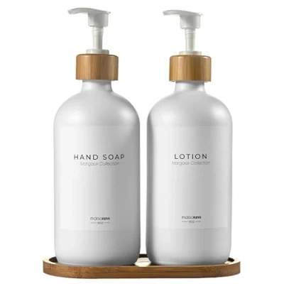 Immagine di MaisoNovo Set dispenser sapone cucina in vetro con Pompa bianca bambù bianco 500 ml bagno 2 e lozione vassoio