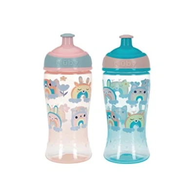 Immagine di Nuby Super Slurp 048526890460 Borraccia per bambini, senza fuoriuscite, 360 ml, impugnatura facile, lavabile in lavastoviglie, adatta bambini dai 18 mesi su, colori arcobaleno, confezione da