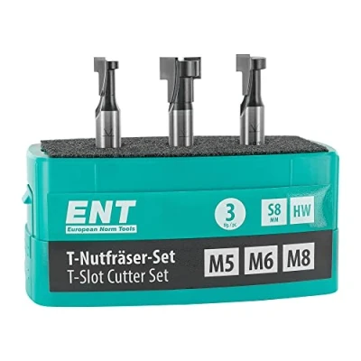 Immagine di ENT 09003 Set da 3 pz. frese per scanalature a T M5, M6, M8, codolo (S) 8 mm, in metallo duro, profili viti esagonali con filettatura metrica, legno