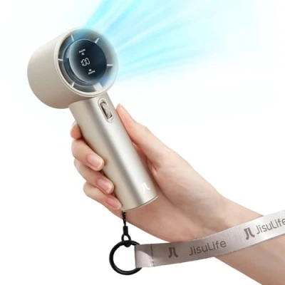 Immagine di JISULIFE Ventilatore Portatile a Mano,Mini Turbo Regolabile in Velocità(1 100),Batteria Ricaricabile da 5000mAh Con Corpo Metallo,Display Digitale,Viaggi/Campeggio/All&#039;aperto Marrone