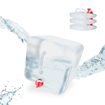 Immagine di Relaxdays Tanica Pieghevole, Set 4 Contenitori, Rubinetto,Coperchio Svitabile, Manico, BPA Free, 15 L, Trasparente/Rosso