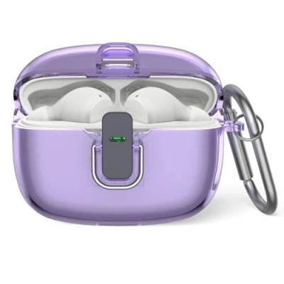 Immagine di Custodia protettiva per JBL Vibe Beam, MOWYEOK trasparente TPU serratura di sicurezza, applicabile al Beam/JBL Wave 200TWS auricolari, con moschettone (viola trasparente)