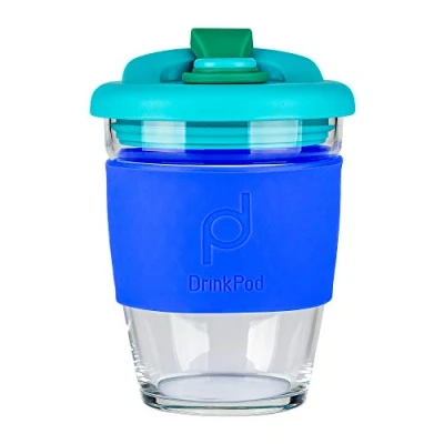 Immagine di DrinkPod tazza da viaggio riutilizzabile senza BPA, 340 ml, in vetro, colore: blu oceano