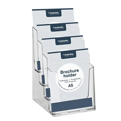 Immagine di Europel Porta brochure, dispenser a quattro livelli, A5, acrilico trasparente, verticale, 350100