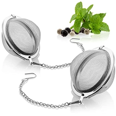 Immagine di COM FOUR® colino da tè 2x in acciaio inossidabile 304 infusore per sfuso, erbe e spezie filtro a maglia fine con catena aromatiche (2 pezzi 5,5 cm Ø)