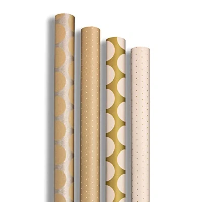 Immagine di Clairefontaine 223879AMZC una confezione da 10 rotoli di carta regalo kraft (100% riciclata ) 5mx0m70 (larghezza grande 70g, motivi assortiti Pois oro, bianco e argento