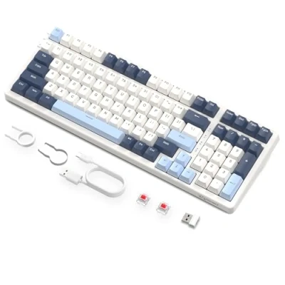 Immagine di FREEWOLF K8 Tastiera da Gioco Meccanica Wireless Hot Swap, Cablata Backlit RGB Interruttore Rosso, Bluetooth/2.4Ghz/USB C Batteria 4000 mAh per Mac/Win Blu/Bianco