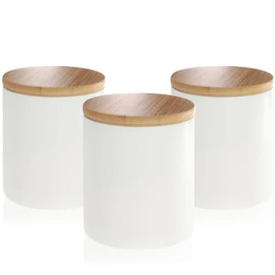 Immagine di COM FOUR® 3 contenitori in ceramica scatola portaoggetti con coperchio bambù contenitore versatile per caffè piccoli alimenti (bianco 08x09 cm pezzi)