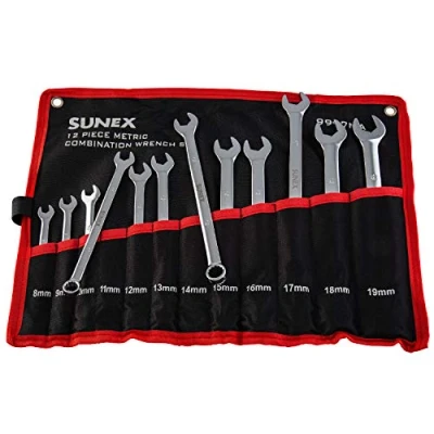 Immagine di Sunex Tools 9917MA Set di chiavi combinate metriche con scanalatura a V, 8 19 mm, completamente lucidate, 12 pezzi (include custodia rotolo)