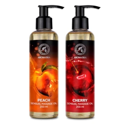 Immagine di Olio da Massaggio Sensuale Set 2x200ml Pesca &amp; Ciliegia di Mandorle Semi d&#039;uva e Macadamia Naturale Commestibile Coppia