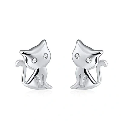 Immagine di Belons Orecchini a perno forma di gatto, in argento Sterling 925, con zirconia cubica, per donne e bambini, colore: Argento/Oro rosa Argento, cod. BLE0047 S