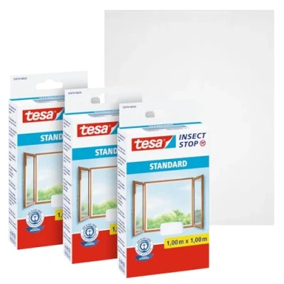 Immagine di Tesa Insect Stop Zanzariere Attacca &amp; Stacca STANDARD per Finestre, Set di 3, Zanzariera Adesiva, Rete Regolabile a Piacere, Bianco, 130 cm x 150