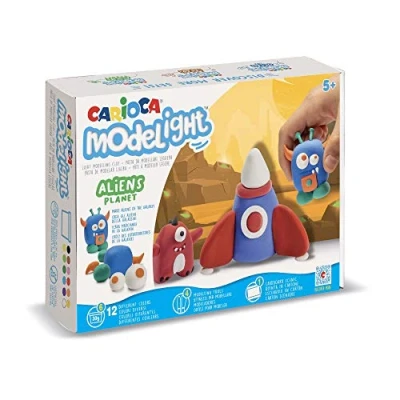 Immagine di Carioca Modelight Maxi Alien Pasta Modellabile per Bambini Super Elastica, Scatola Gioco con 6 Vasetti di da Modellare Leggera, Attrezzi e Tutorial, 12 Colori Assortiti, 180 g