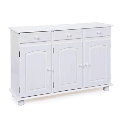 Immagine di Inter Link Cassettiera rustica Credenza Buffet Stile rustico Mobile laterale Pino massiccio 3 ante cassetti Laccato bianco Livio