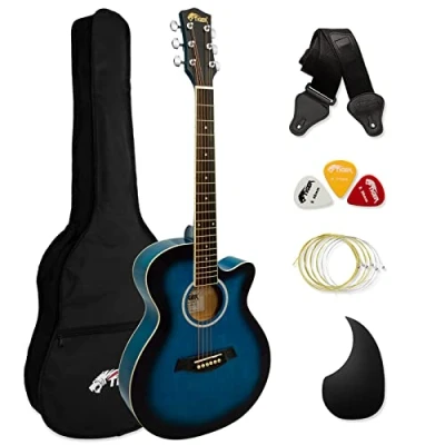 Immagine di TIGER Chitarra acustica 3/4 con corpo piccolo corde in acciaio per bambini dai 9 anni su borsa, tracolla, di ricambio e plettri Blu