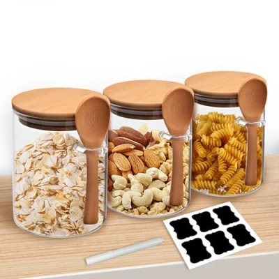 Immagine di Set di 3 barattoli con coperchio e cucchiaio, da 540 ml, in vetro bambù, cucina, ermetici