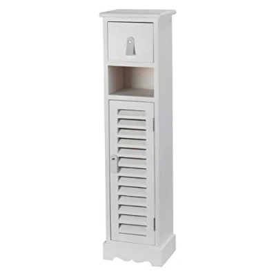 Immagine di Baroni Mobile salvaspazio a colonna in legno bianco 1 Anta Cassetto Ripiano. Mobiletto bagno 21.5X18X86cm