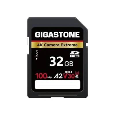 Immagine di GIGASTONE A2 V30 Scheda di Memoria SDHC 32 GB, 4K Camera Extreme, Velocità 100 MB/s per Fotocamera Canon Nikon Sony Panasonic, U3 UHS I Classe 10 UHD Video, con 1 Mini Custodia