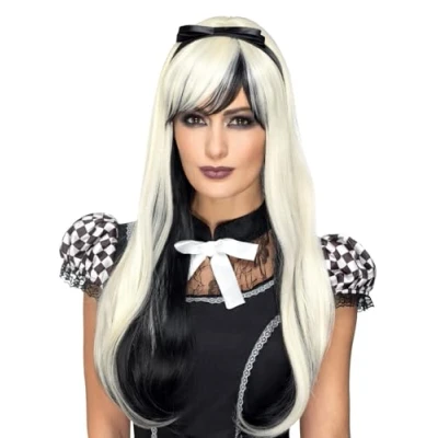 Immagine di Smiffys Parrucca deluxe Alice in stile gotico, Bionda e Nera, resistente al calore/acconciabile, con fascia per capelli