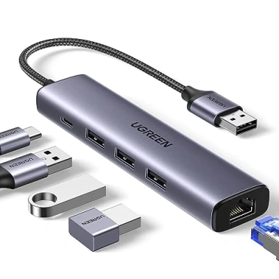 Immagine di UGREEN Hub USB 3.0 Ethernet in Alluminio con Porta Alimentazione C 5V/2A Cavo di Nylon Gigabit Adattatore a 1000Mbps Plug &amp; Play su Windows 11 10 8 MacOS