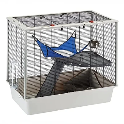 Immagine di Ferplast Confortevole gabbia per furetti e ratti FURAT, Struttura su più livelli con accessori inclusi, Angoli rinforzati, Metallo verniciato Nero plastica, 78 x 48 h 70 cm