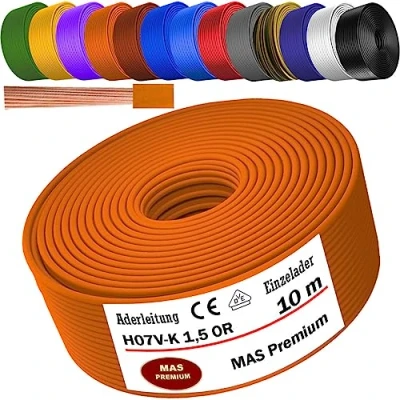 Immagine di Da 5 a 100 m di cavo H07 V K 1,5 mm² nero, azzurro, verde/giallo, verde, rosso, blu scuro, marrone, arancione, grigio, bianco, viola, oltremare o giallo, singolo flessibile (arancione, 10 m)