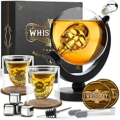 Immagine di WHISISKEY Decanter per Whisky Set Regalo Idee Uomo Compleanno Cranio 900ML, Scatola Regalo, 2 Bicchieri da x 125ML, 4 Pietre di Whisky, Accessori