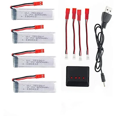Immagine di YUNIQUE GREEN CLEAN POWER Set 4 Batterie LiPo Ricaricabili 3.7V 600mAh per RC Droni Compatibili con UDI U817, WLtoys V959, elicottero Incluso Caricatore 65X17X8 mm 17,5 gr