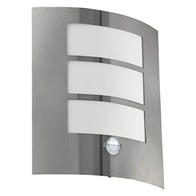 Immagine di Eglo City applique da esterno, lampada parete esterno a 1 luce con rilevatore di movimento, sensore movimento in acciaio inox, plastica, argento, bianco, attacco E27, IP44