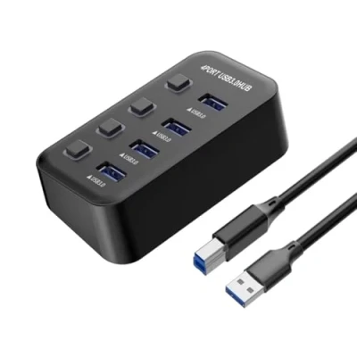Immagine di PremiumCord Hub USB Superspeed ​​​​​​, 4x Tipo A, 3.2 Gen 1 5 Gbps, Interruttore Porta, Capocorda Caldo, Led, Nero, Lunghezza Cavo m