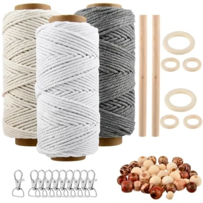 Immagine di USENG 61 Pezzi Macrame Kit con 3mmx60M Corda Macramè,Naturale Fatta a Mano Filo per Macrame,Filo di Cotone Macramè La Casa Regali Artigianali,Makramee Set Appendini Piante Fai da Te