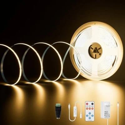 Immagine di PAUTIX Kit Striscia LED COB 10M Bianca Calda 3000K,Dimmerabile 480LEDs DC24V LED,Kit luce Nastro ad alto Lumen con funzione Timer Remoto RF e Alimentatore per illuminazione domestica