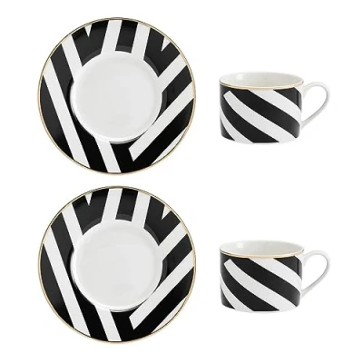 Immagine di Mikasa Luxe Deco Set con tazza da tè e piattino in porcellana, 2x tazze piattini stampa geometrica, 200 ml Confezione regalo lavabile lavastoviglie
